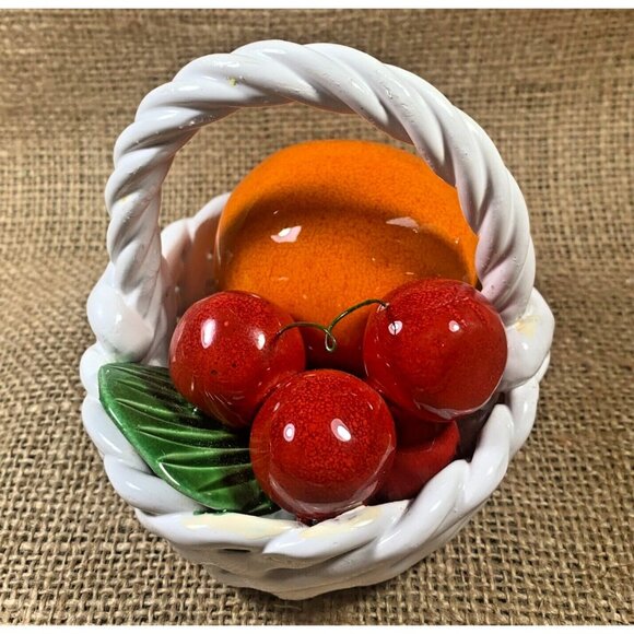 Capodimonte Ceramic Fruit Basket Laced Oval Vintage 4" Cherries & Orange - Picture 3 of 11